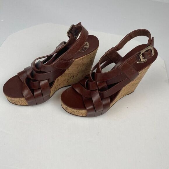 Tory Burch 7 M Ace High Wedge Platform Cork Slingback Heels Shoes Sandals Brown - Picture 3 of 16